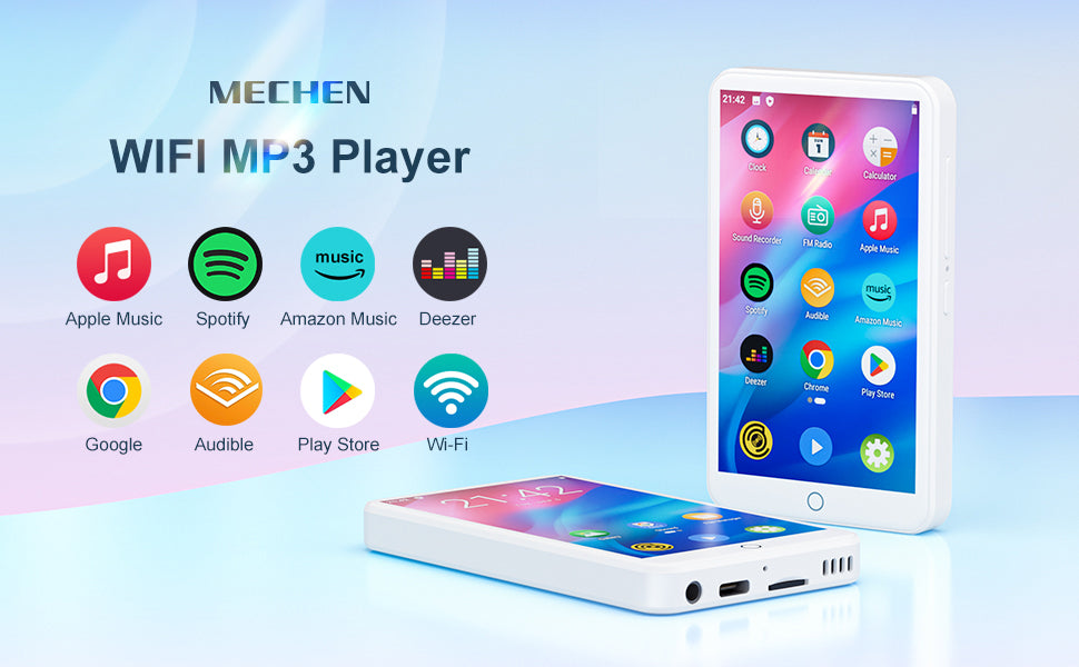 MECHEN MP3 Player Android 9.0 with Bluetooth and WiFi，MP3 MP4 Player with Spotify，Audible，Pandora， Up to 512 GB (White)